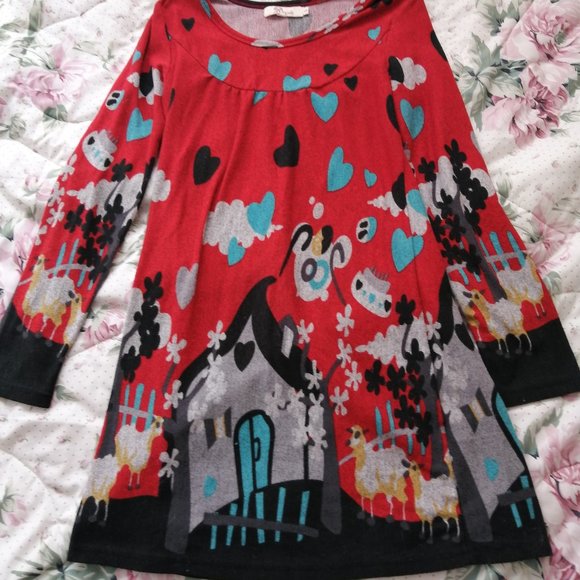 Red House w/ Sheep & Hearts Dress - Picture 1 of 2